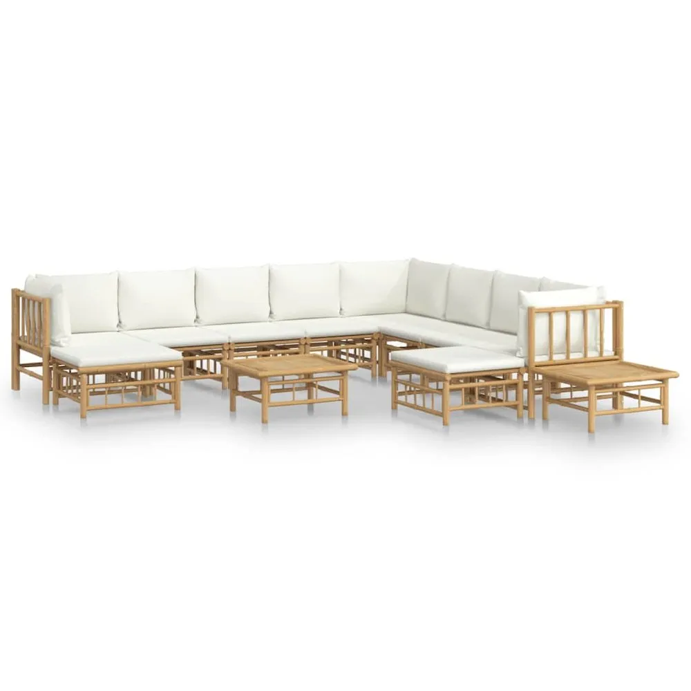 12 Piece Patio Lounge Set with Cream White Cushions Bamboo