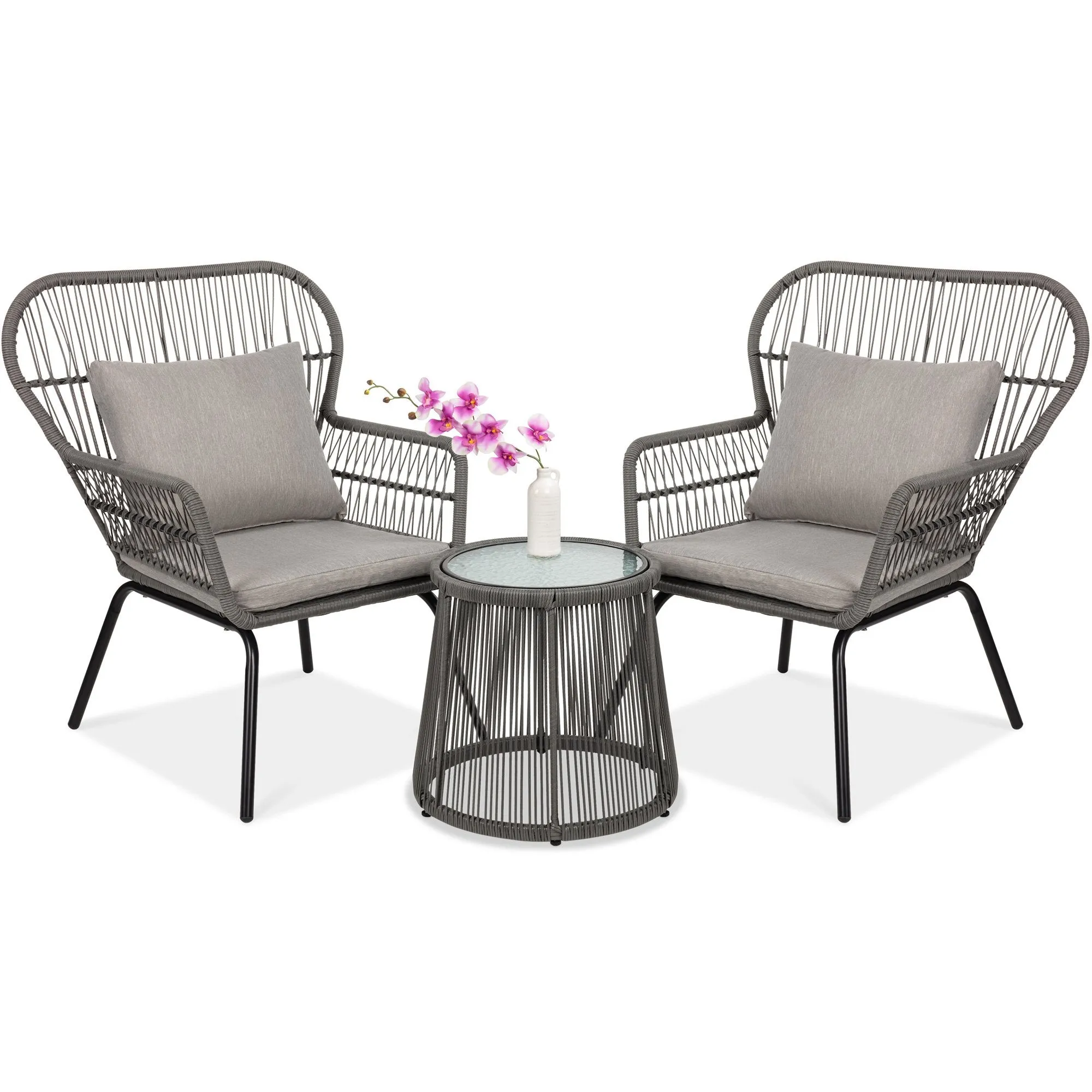 3-Piece Patio Wicker Conversation Bistro Set w/ 2 Chairs, Table, Cushions