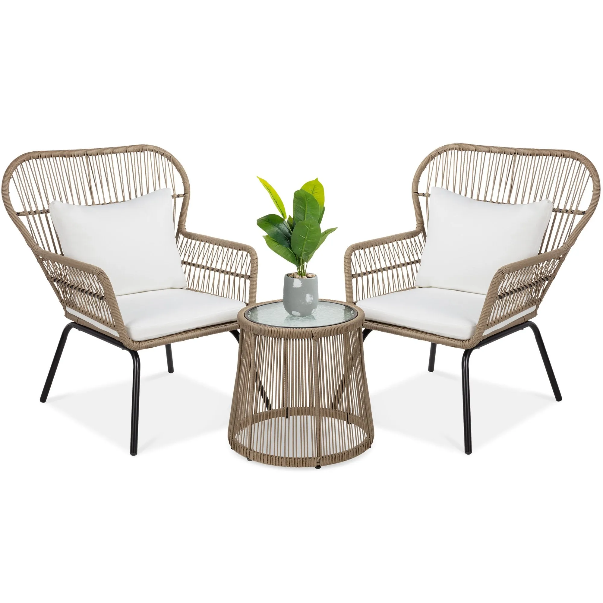 3-Piece Patio Wicker Conversation Bistro Set w/ 2 Chairs, Table, Cushions