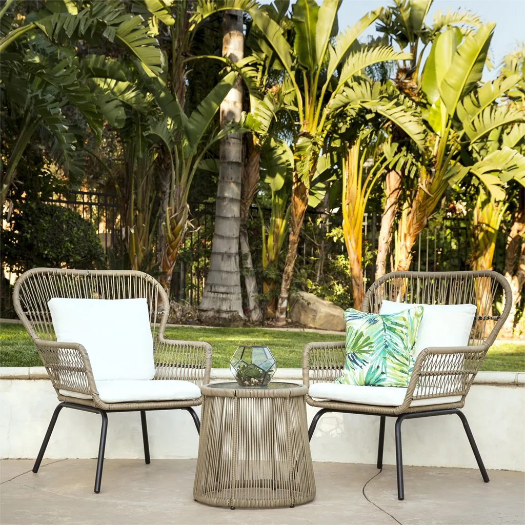 3-Piece Patio Wicker Conversation Bistro Set w/ 2 Chairs, Table, Cushions