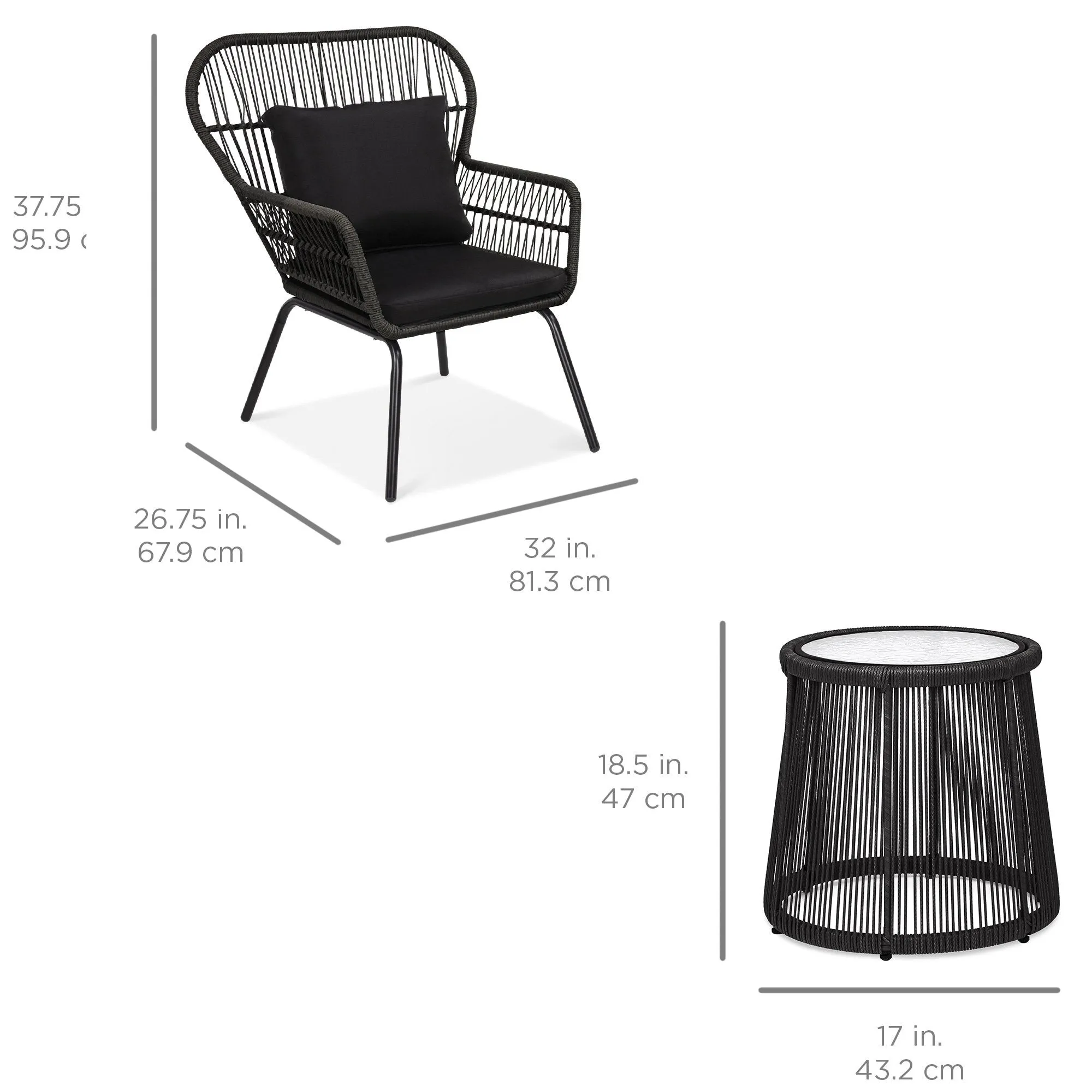 3-Piece Patio Wicker Conversation Bistro Set w/ 2 Chairs, Table, Cushions