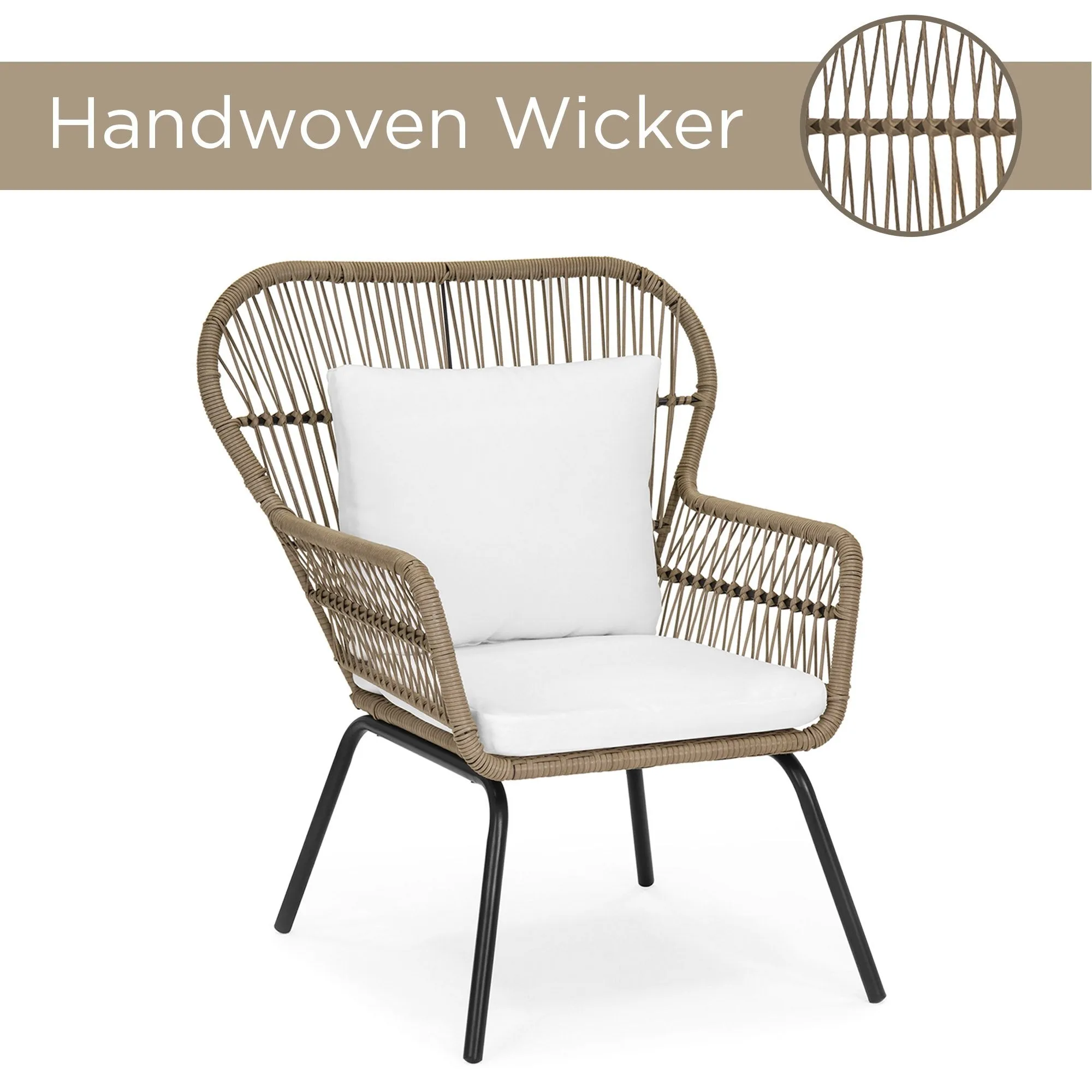 3-Piece Patio Wicker Conversation Bistro Set w/ 2 Chairs, Table, Cushions