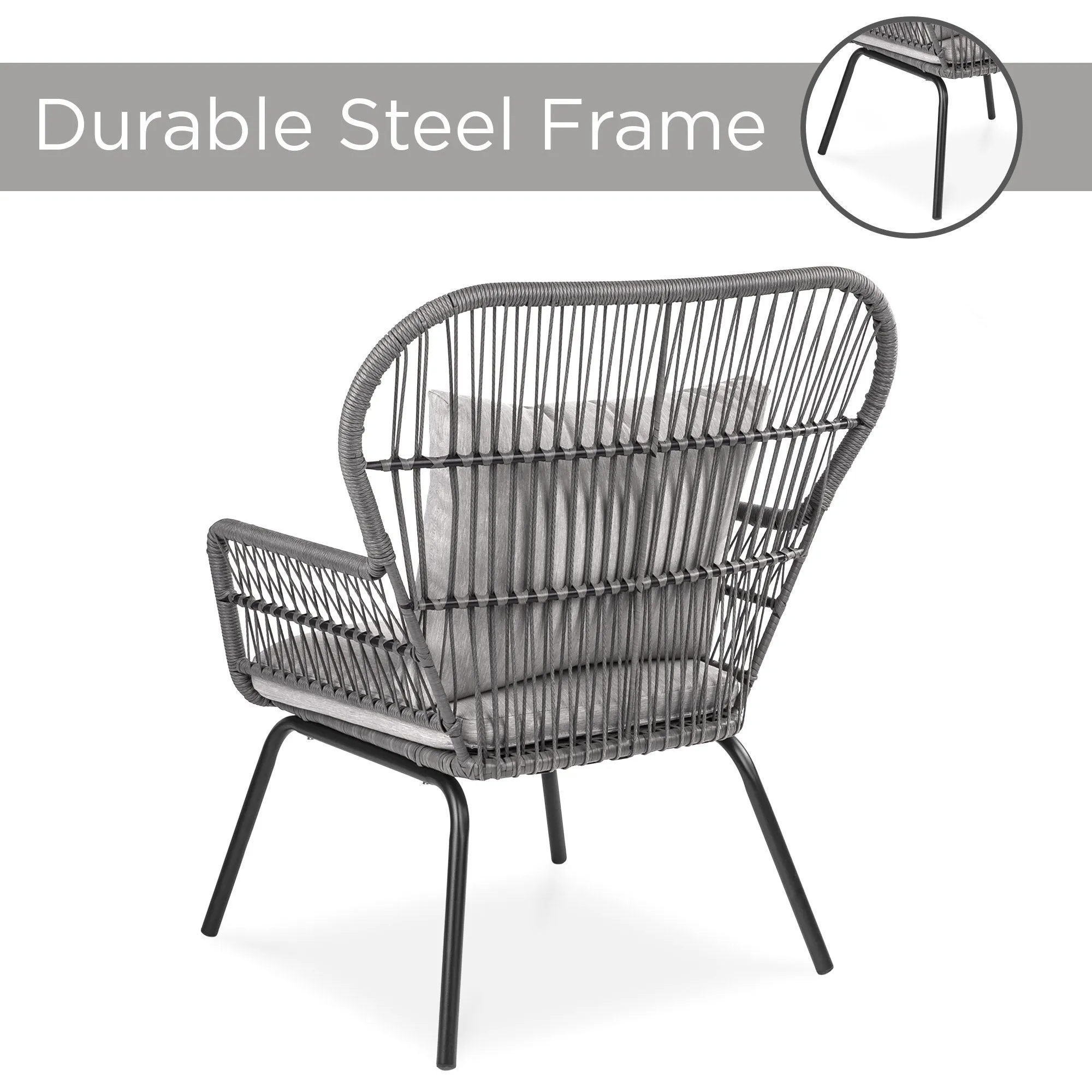 3-Piece Patio Wicker Conversation Bistro Set w/ 2 Chairs, Table, Cushions