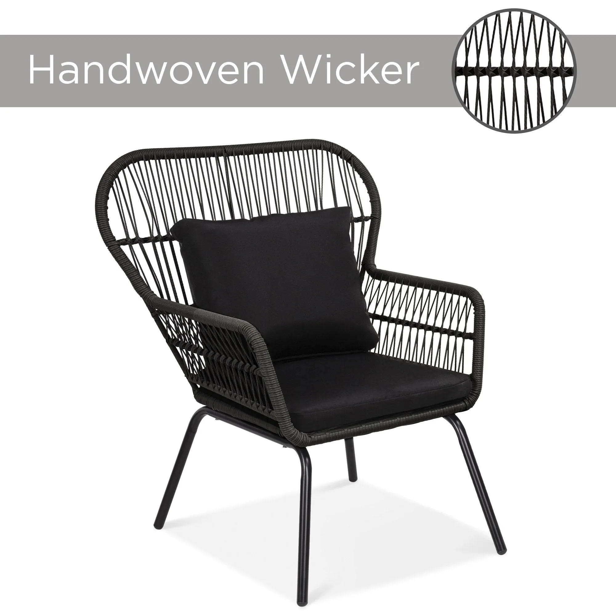 3-Piece Patio Wicker Conversation Bistro Set w/ 2 Chairs, Table, Cushions