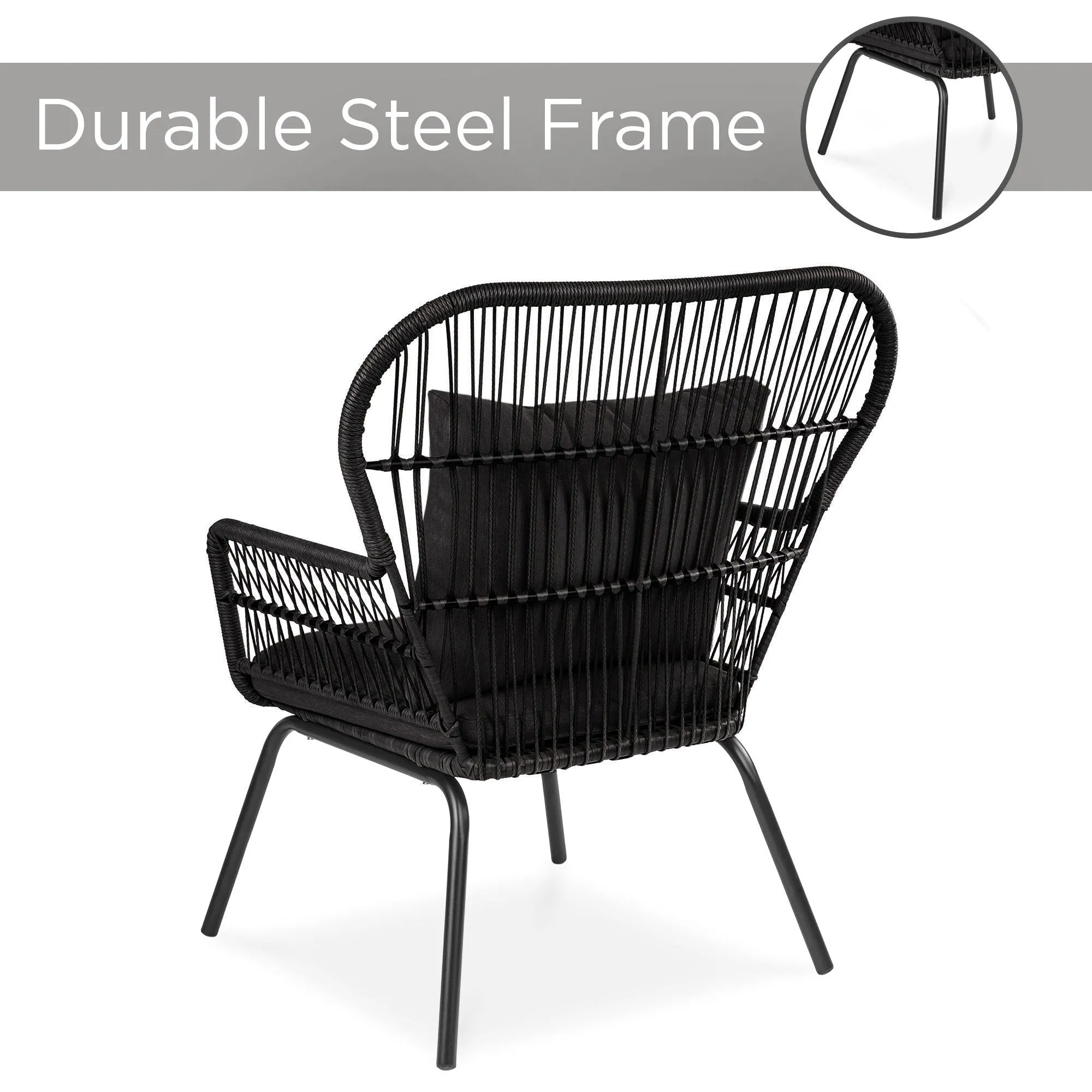 3-Piece Patio Wicker Conversation Bistro Set w/ 2 Chairs, Table, Cushions