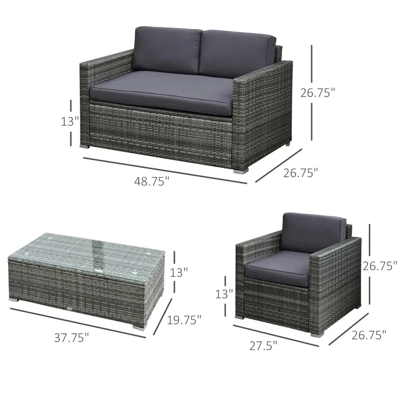 4 PC Grey Balcony or Garden Patio Furniture Set- Includes Glass Table- Model #841-086