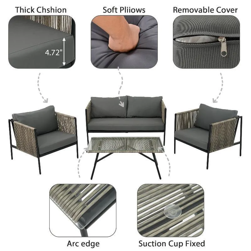 4-Piece Rope Sofa Set with Thick Cushions