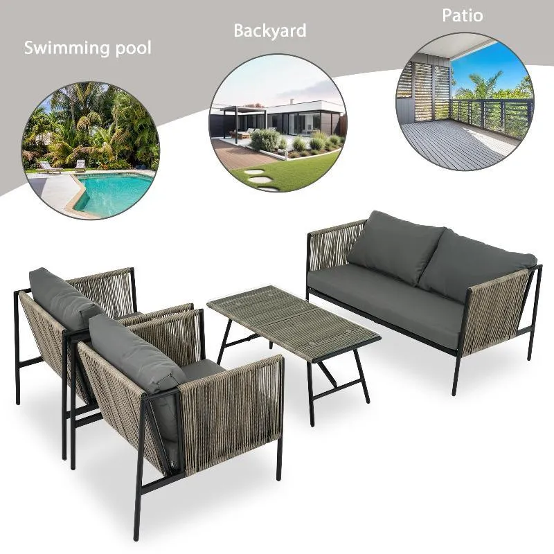 4-Piece Rope Sofa Set with Thick Cushions
