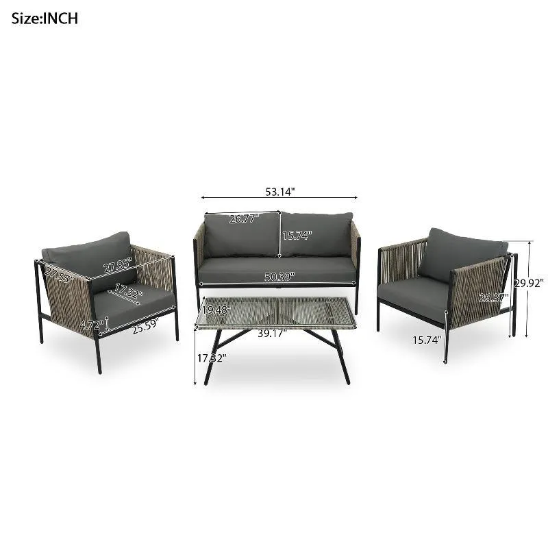 4-Piece Rope Sofa Set with Thick Cushions