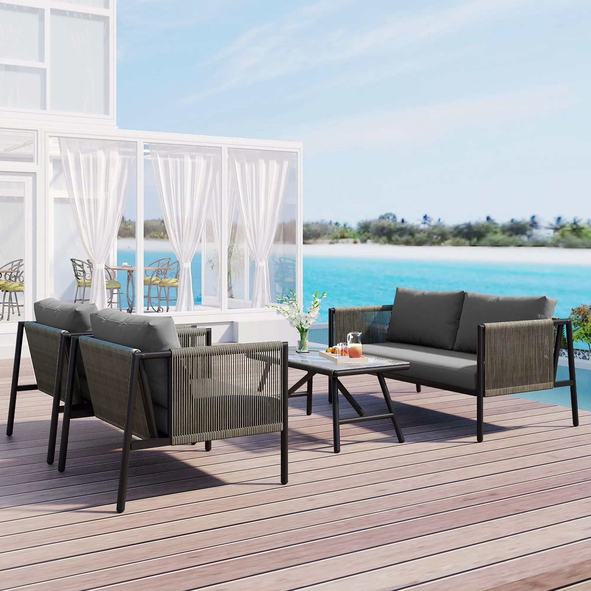 4-Piece Rope Sofa Set with Thick Cushions