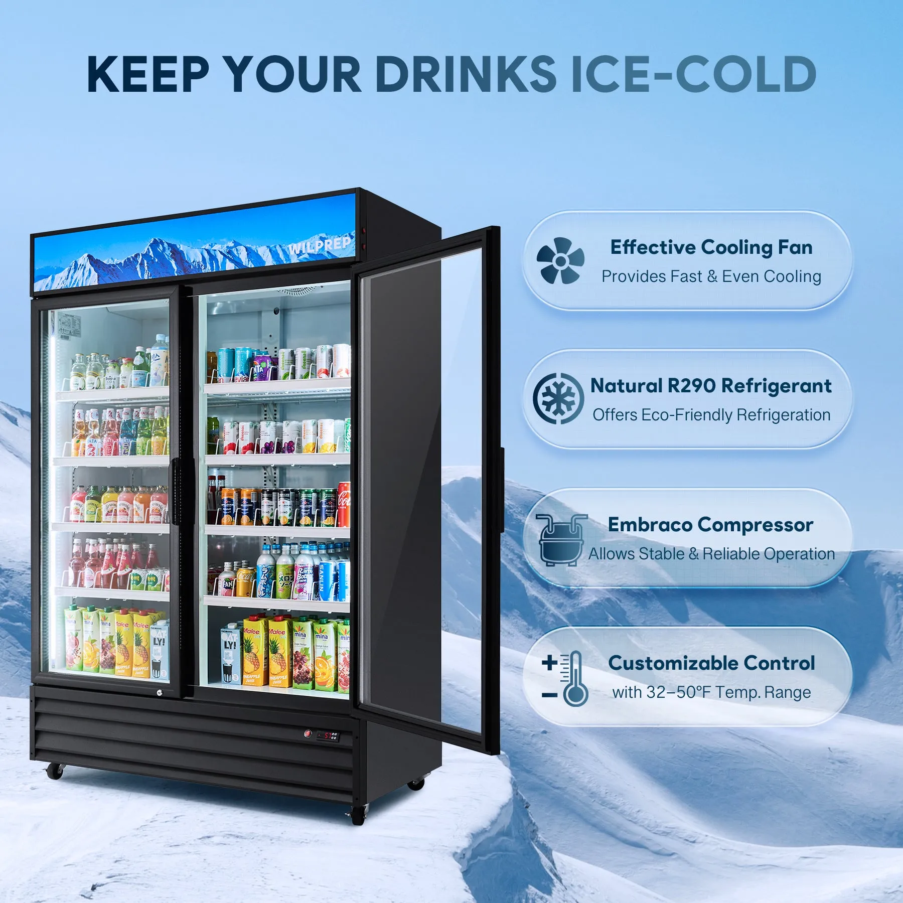 52.4" Commercial Merchandiser Refrigerator Two Swing Door  40 cu. ft. Capacity