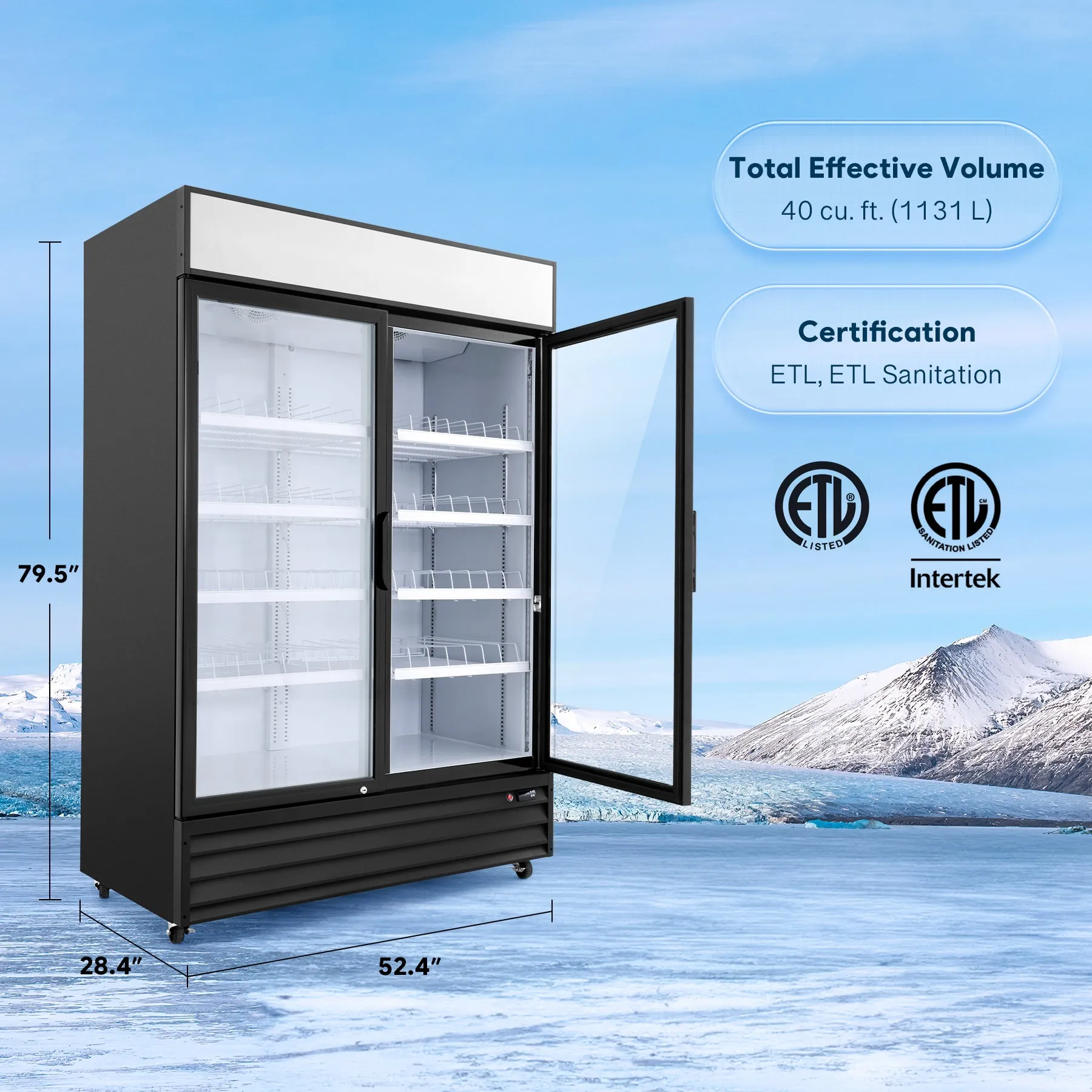 52.4" Commercial Merchandiser Refrigerator Two Swing Door  40 cu. ft. Capacity
