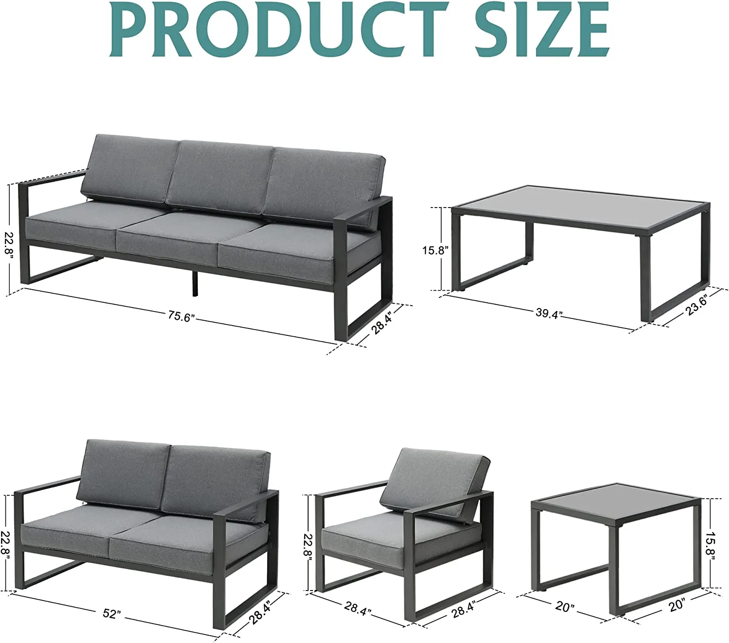 6 Pieces Aluminum Patio Furniture Set, All-Weather Outdoor Couch Conversation Set Modern Metal Sectional Sofa