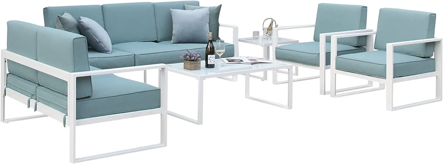 6 Pieces Aluminum Patio Furniture Set, All-Weather Outdoor Couch Conversation Set Modern Metal Sectional Sofa
