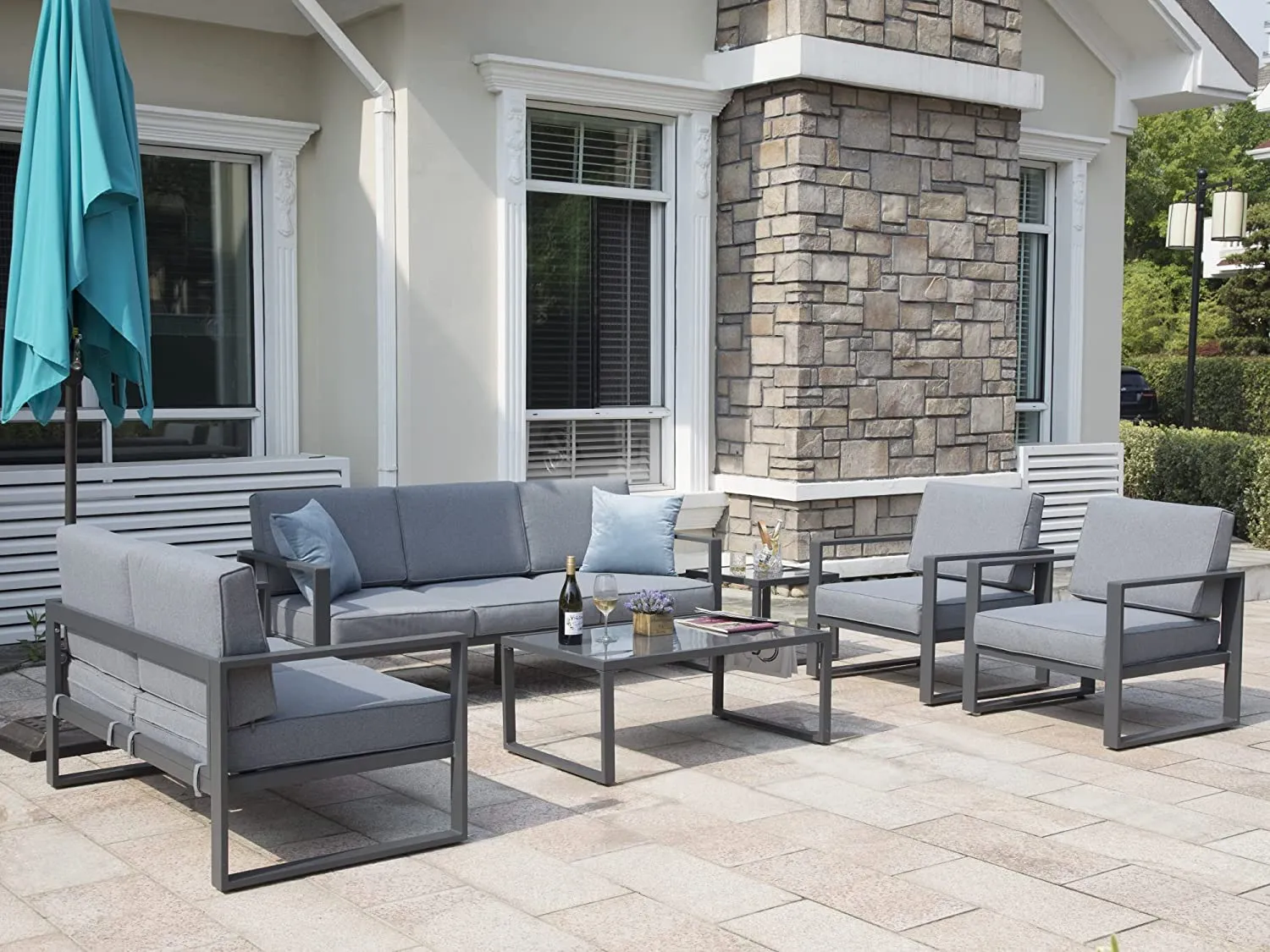 6 Pieces Aluminum Patio Furniture Set, All-Weather Outdoor Couch Conversation Set Modern Metal Sectional Sofa