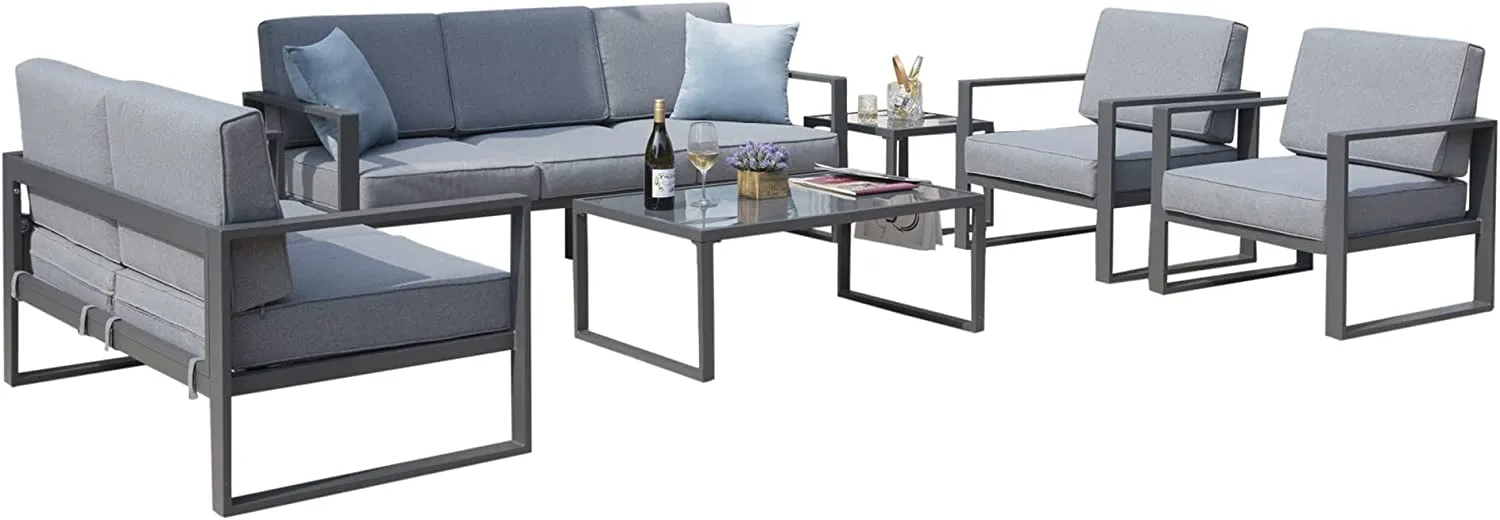 6 Pieces Aluminum Patio Furniture Set, All-Weather Outdoor Couch Conversation Set Modern Metal Sectional Sofa