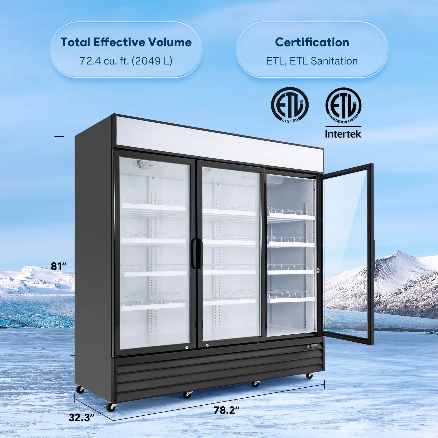 78.1" Commercial Merchandiser Refrigerator Three Door 72.4 cu. ft. Capacity