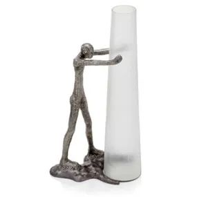 8" x 13" x 23" Antique Silver Chiseled Glass Tall Vase