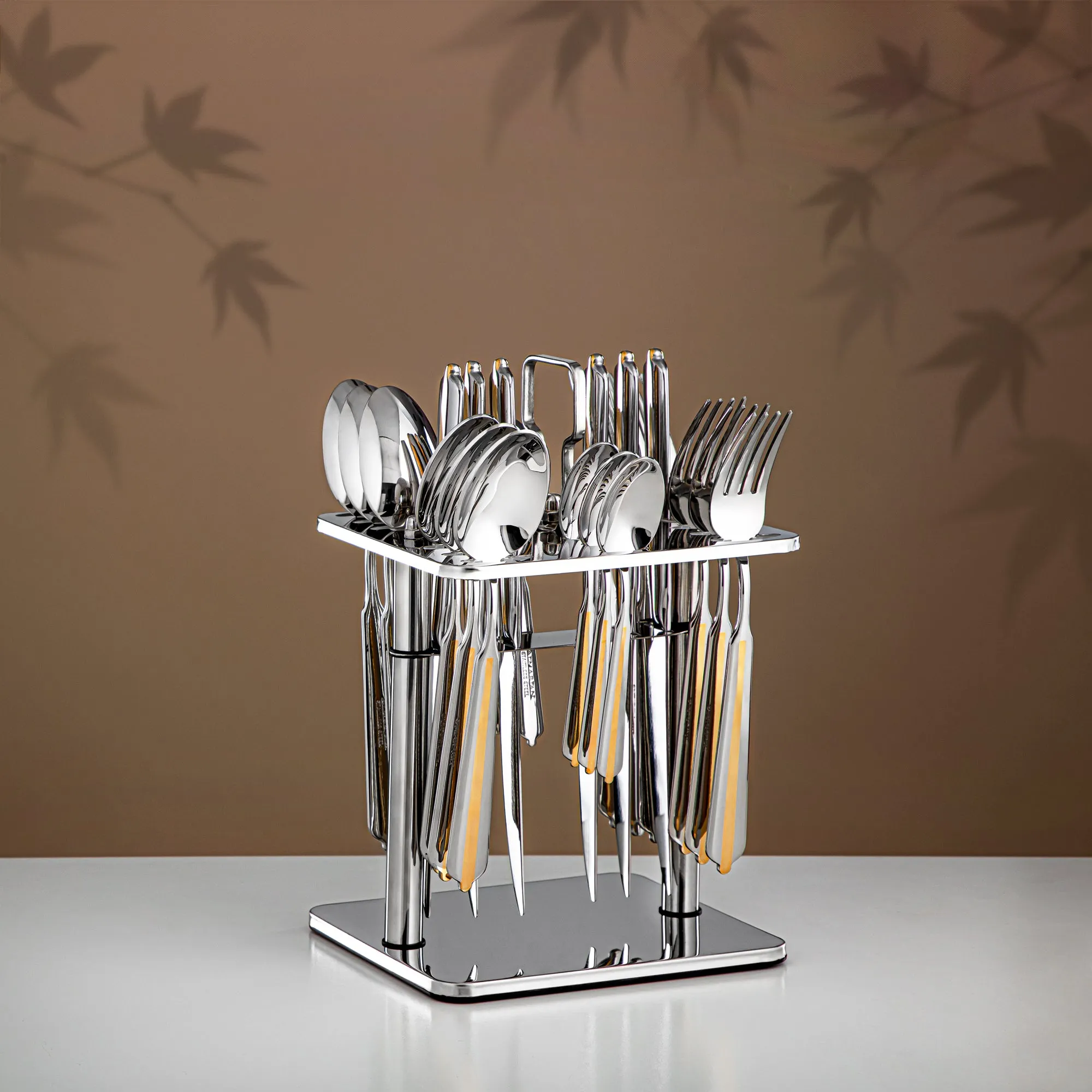 Almarjan 24-Piece Stainless Steel Cutlery Set with Stand – Mirror Finish, Silver & Gold CUT1620027
