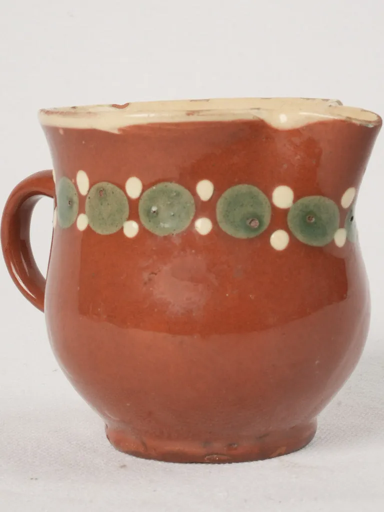 Antique Creamer w/ ocher glaze & Green & White Spots, 3½"