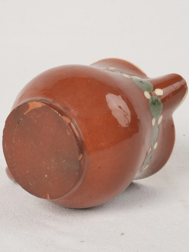 Antique Creamer w/ ocher glaze & Green & White Spots, 3½"