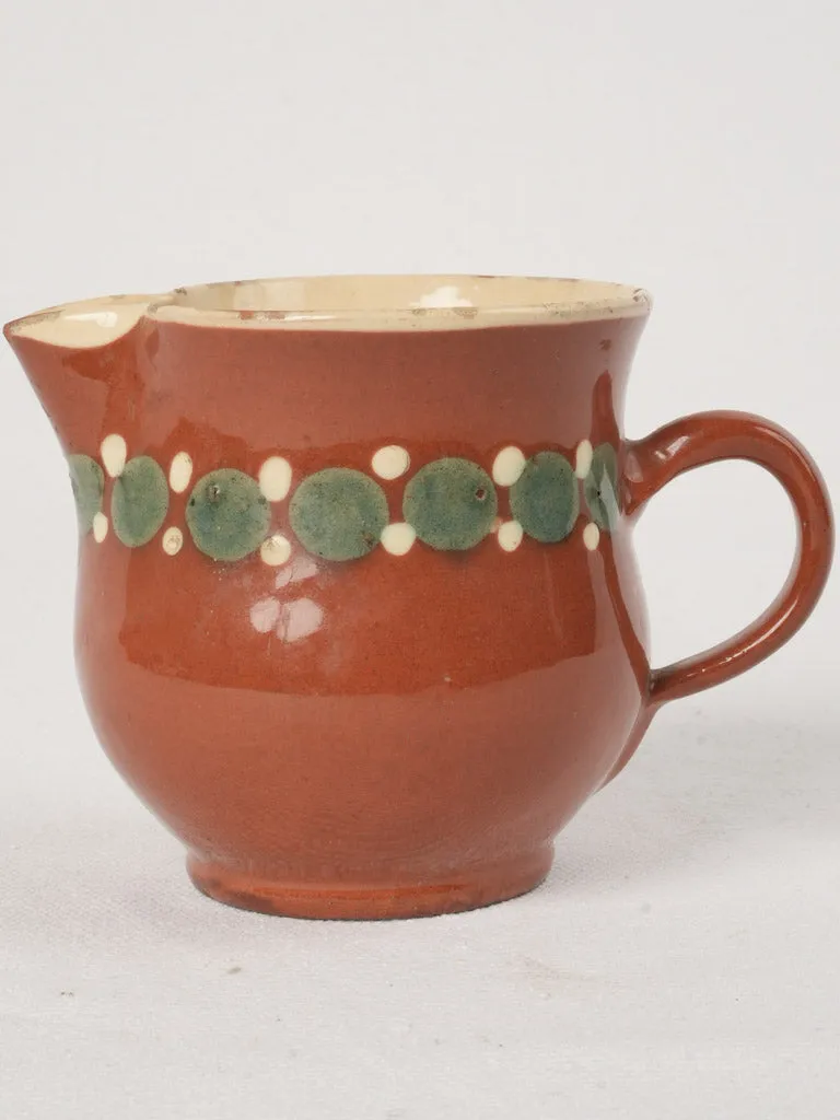 Antique Creamer w/ ocher glaze & Green & White Spots, 3½"