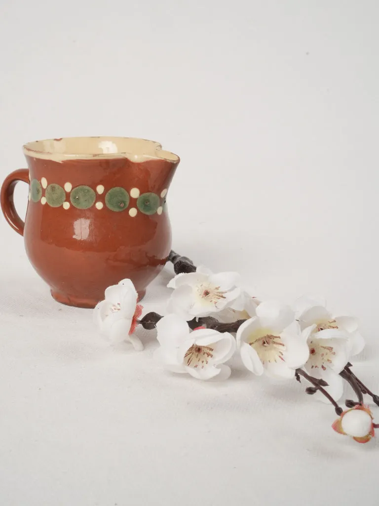 Antique Creamer w/ ocher glaze & Green & White Spots, 3½"