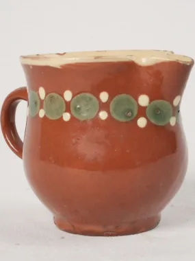 Antique Creamer w/ ocher glaze & Green & White Spots, 3½"