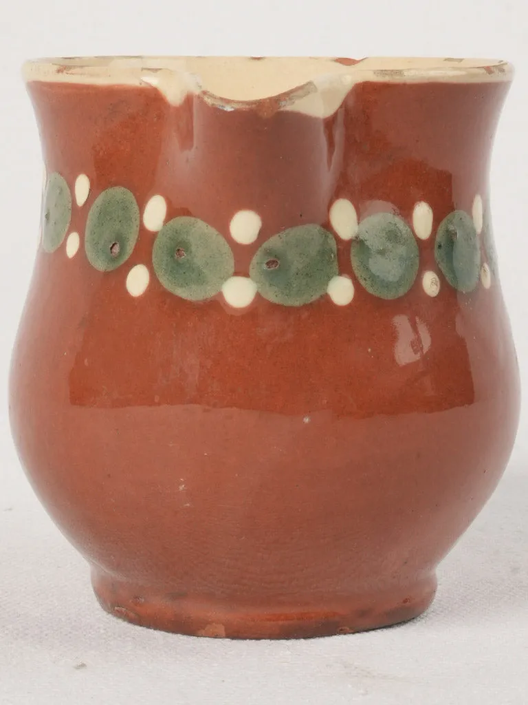 Antique Creamer w/ ocher glaze & Green & White Spots, 3½"