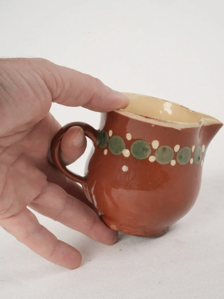 Antique Creamer w/ ocher glaze & Green & White Spots, 3½"
