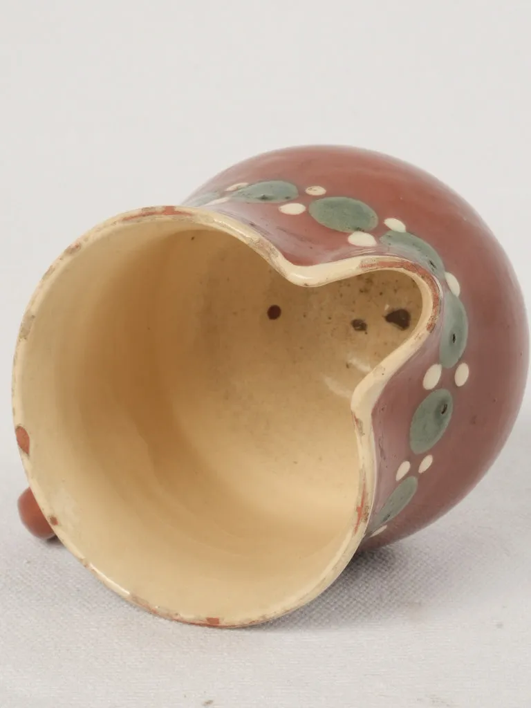 Antique Creamer w/ ocher glaze & Green & White Spots, 3½"