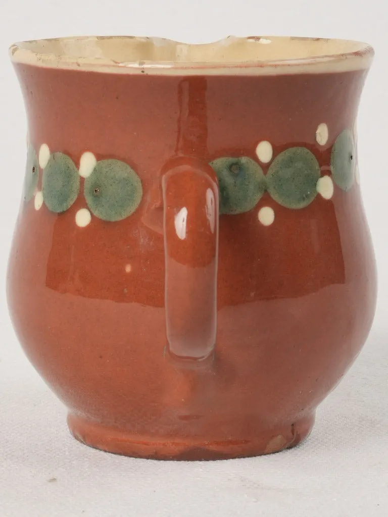 Antique Creamer w/ ocher glaze & Green & White Spots, 3½"