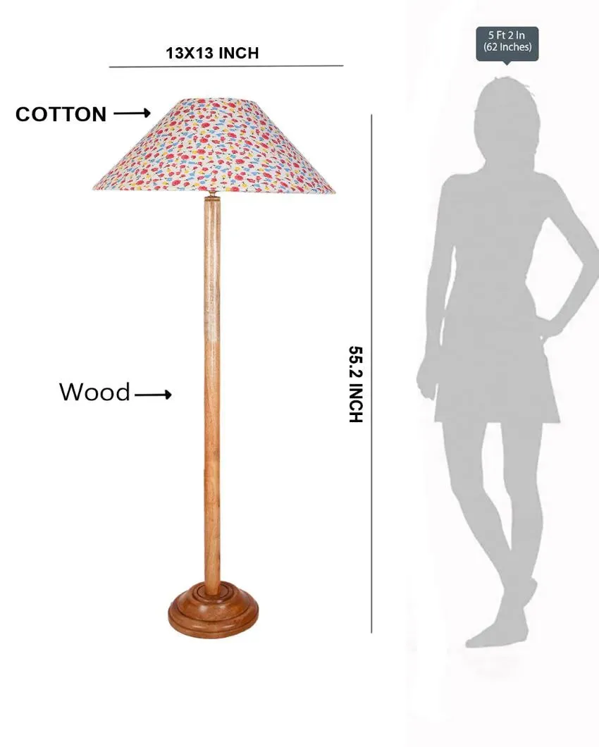 Beautiful Cotton Coolie Shade Floor Lamp With Natural Wooden Base | 13 x 56 Inches