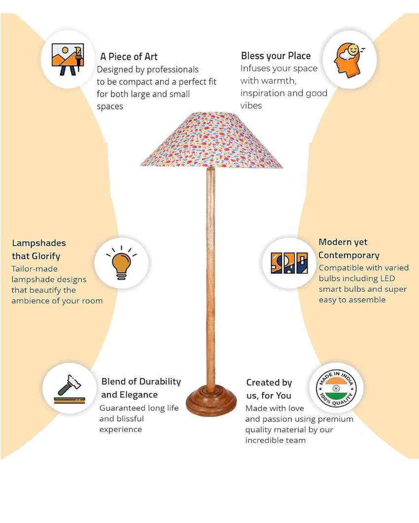 Beautiful Cotton Coolie Shade Floor Lamp With Natural Wooden Base | 13 x 56 Inches