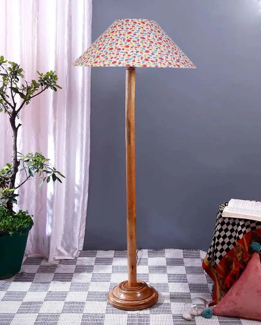 Beautiful Cotton Coolie Shade Floor Lamp With Natural Wooden Base | 13 x 56 Inches