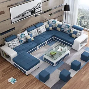 Best furniture 12 Seater Sectionals and Loveseats Wood Sofa Set (White and Blue)
