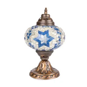 Blue/Silver Handmade Stained Glass Turkish Mosaic Lamp with Mirror Detail | 1022