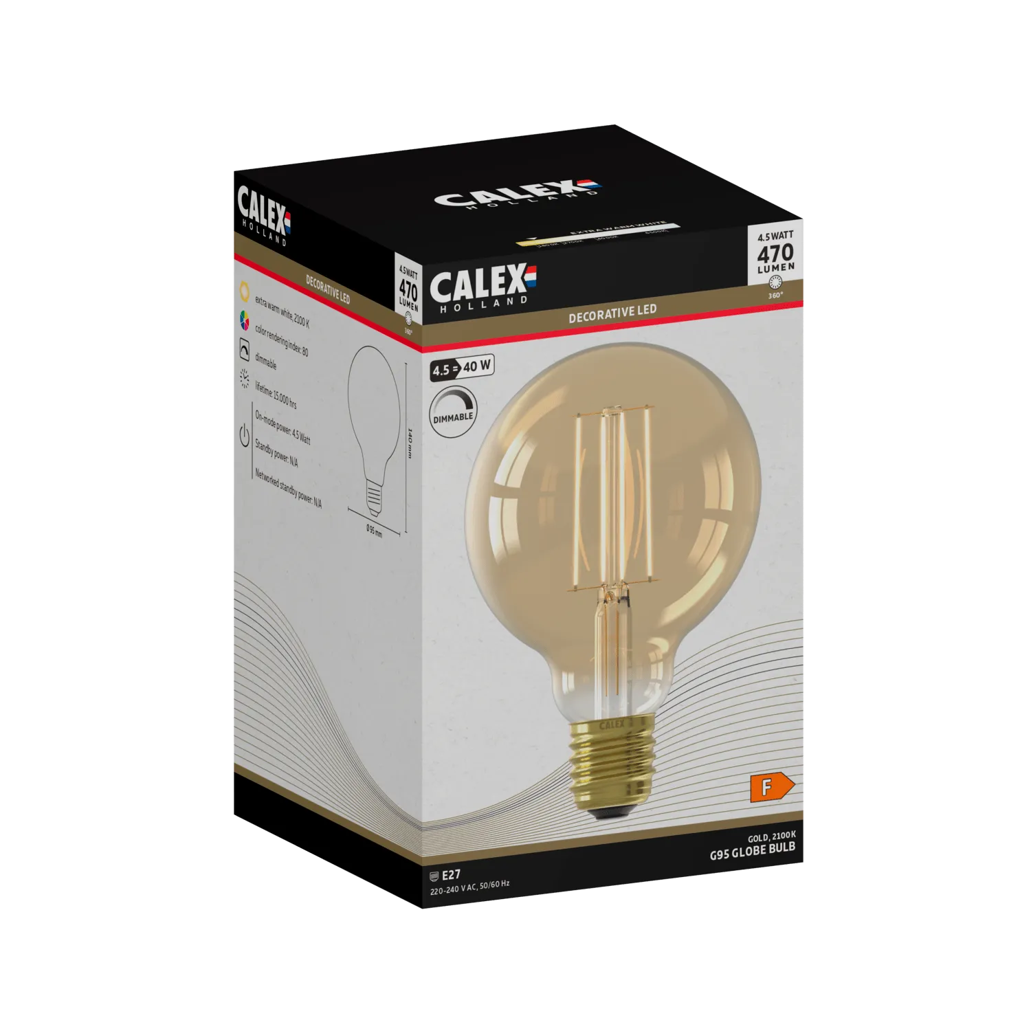 Calex Warm Filament LED Lamp - E27 - G95 - Gold - 4.5W - Dimmable