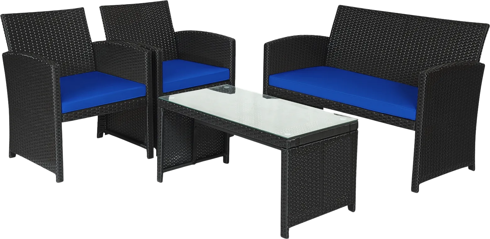 Costway Patio Furniture Set Black Rattan 4 Piece Weather Resistant Cushions Tempered Glass Tabletop New