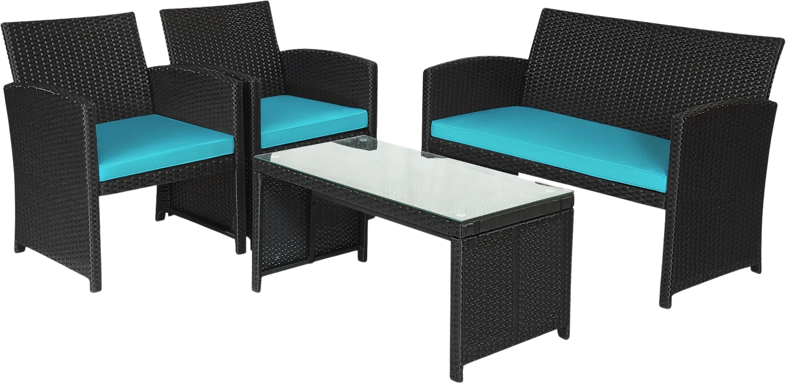 Costway Patio Furniture Set Black Rattan 4 Piece Weather Resistant Cushions Tempered Glass Tabletop New
