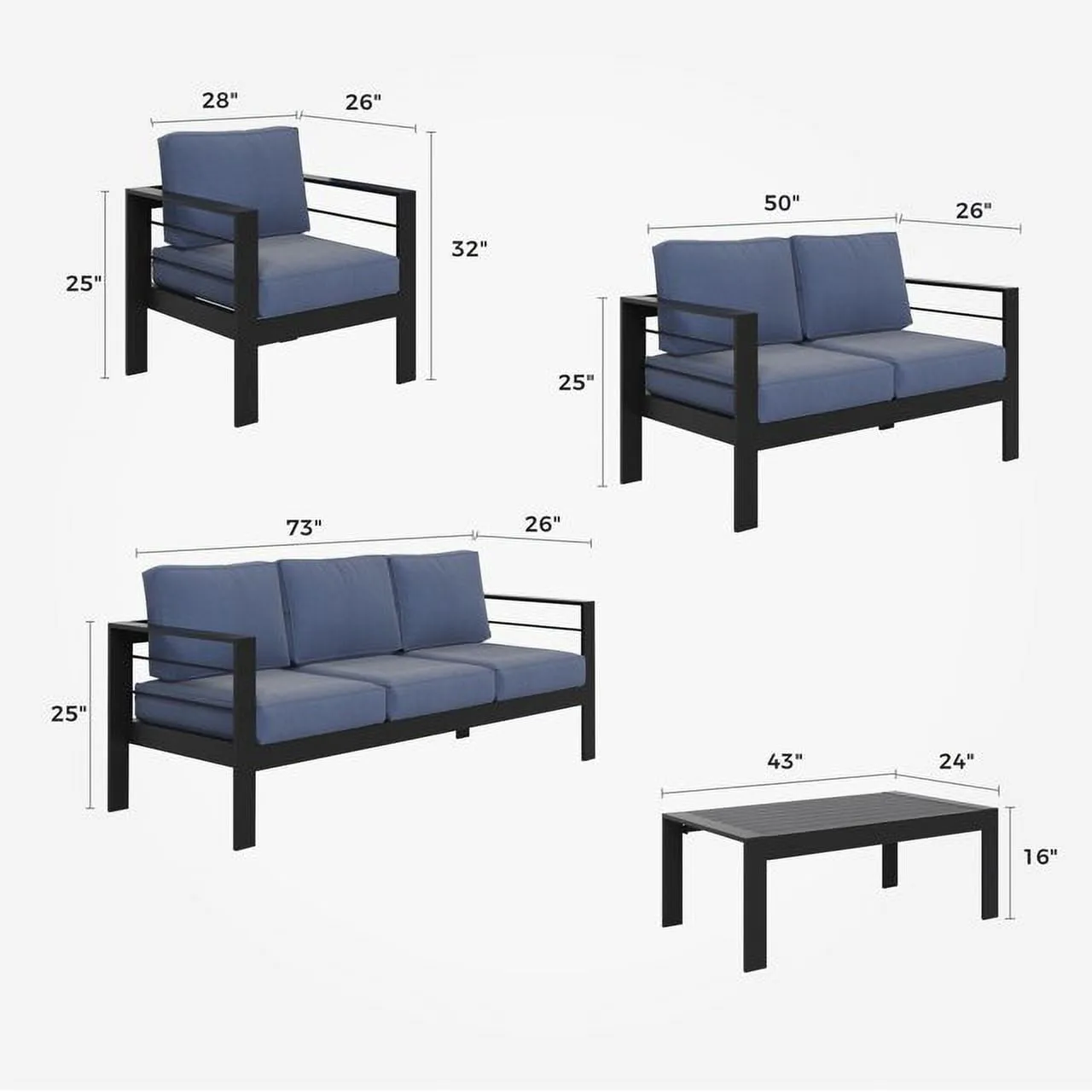 CozyHom 7 Seats Outdoor Patio Aluminum Furniture Sofa Set, Modern Outside Patio Conversation Sectional Sofa Chair Set with Cushions, Blue