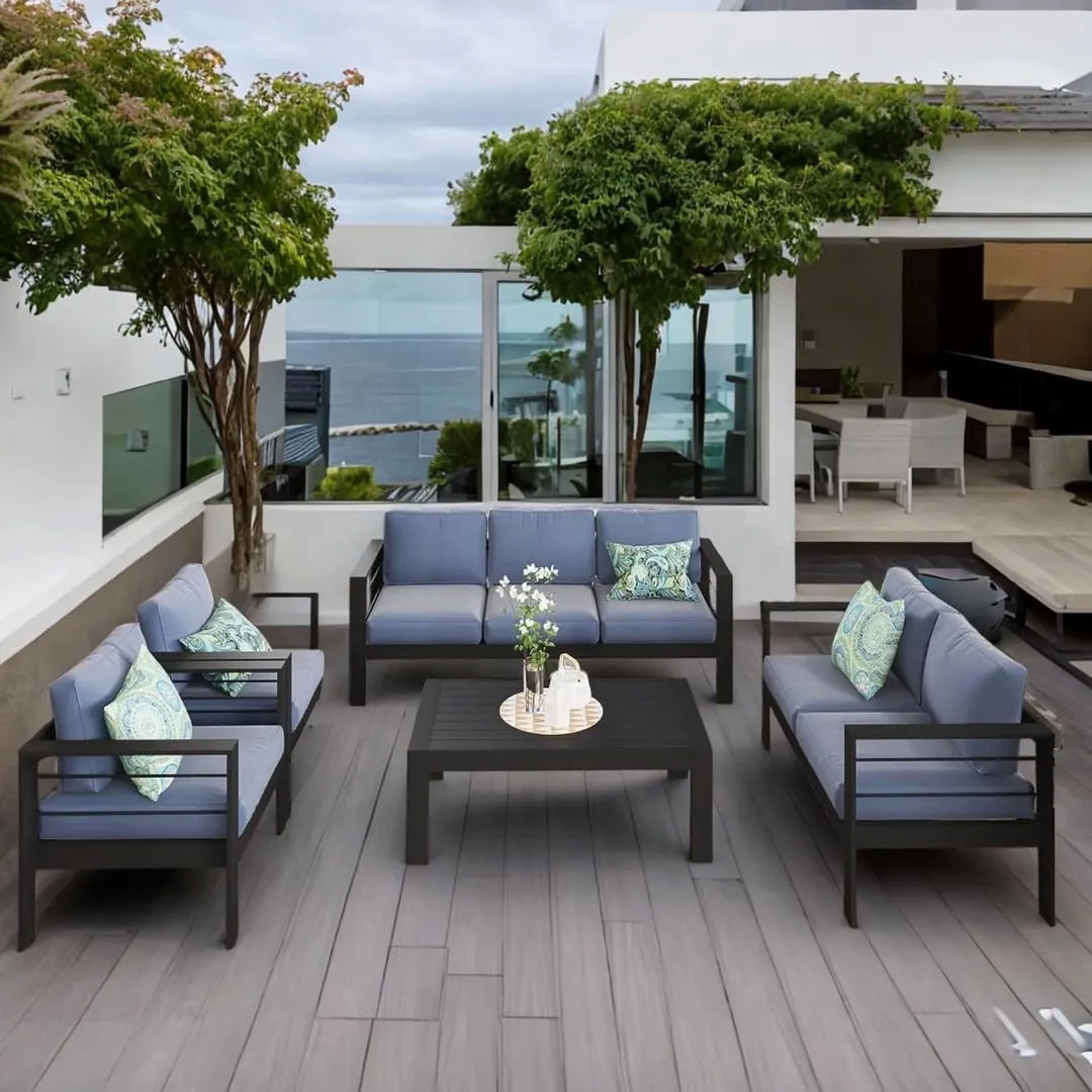 CozyHom 7 Seats Outdoor Patio Aluminum Furniture Sofa Set, Modern Outside Patio Conversation Sectional Sofa Chair Set with Cushions, Blue