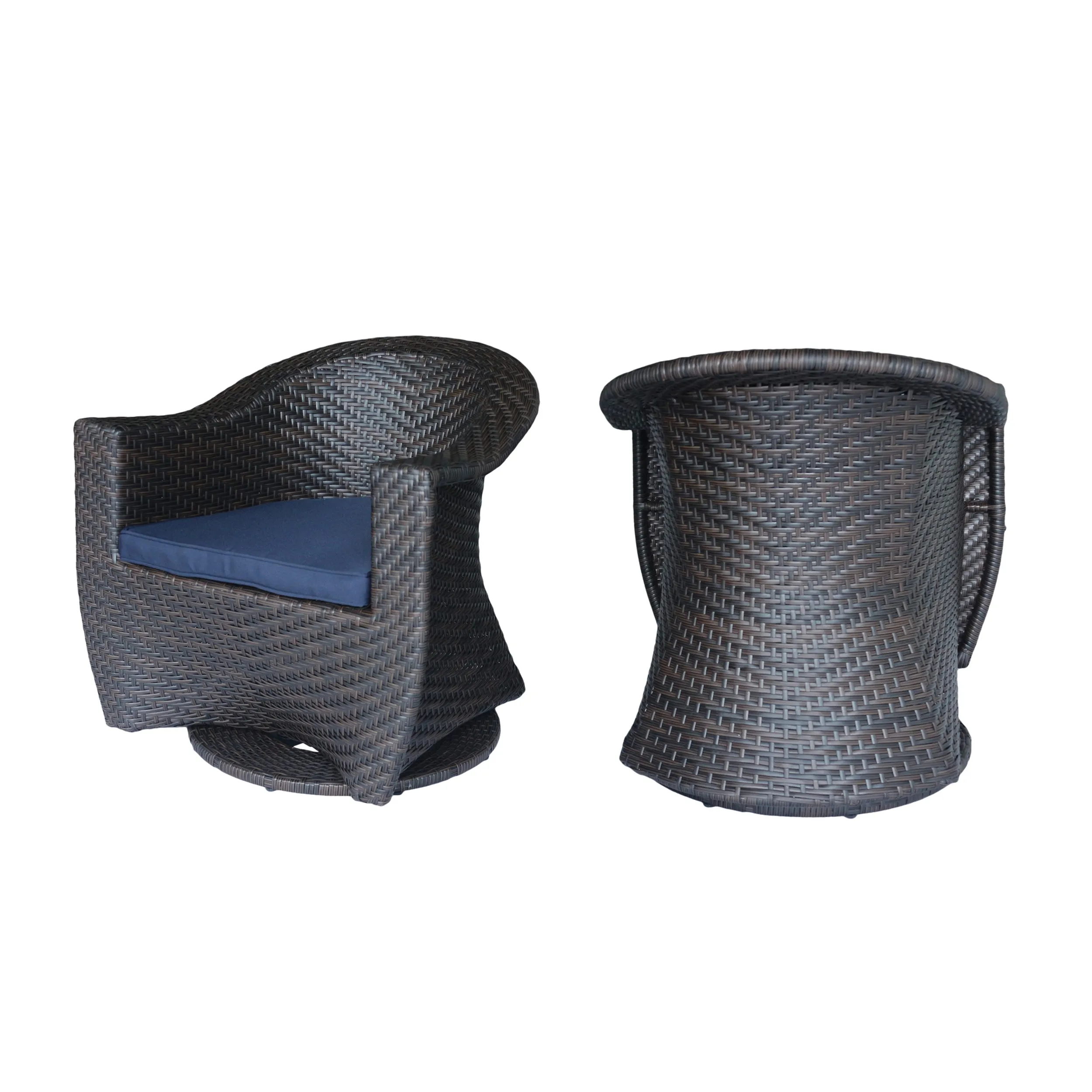 Florence Patio Swivel Chairs, Wicker with Outdoor Cushions, Multi-Brown and Navy Blue