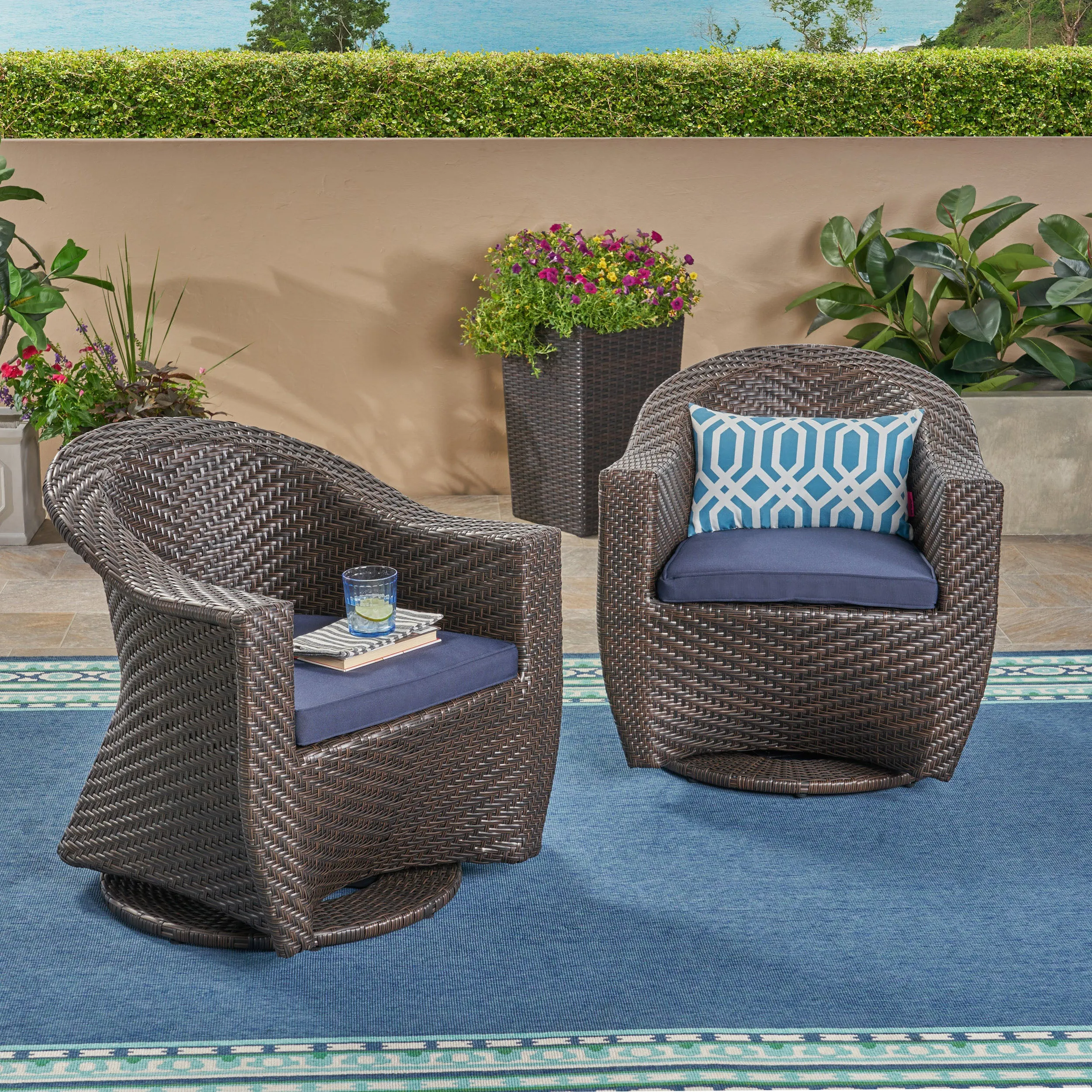 Florence Patio Swivel Chairs, Wicker with Outdoor Cushions, Multi-Brown and Navy Blue