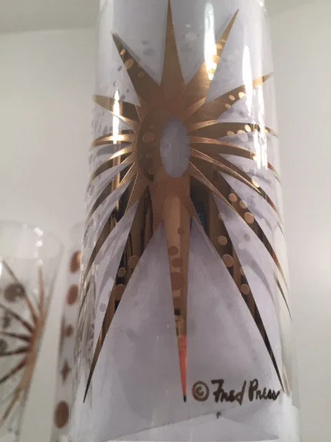 Fred Press - Signed Mid-Century Frosted White & 22-Karat Gold Atomic Starburst Collins Glasses (Set of 4)