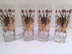 Fred Press - Signed Mid-Century Frosted White & 22-Karat Gold Atomic Starburst Collins Glasses (Set of 4)