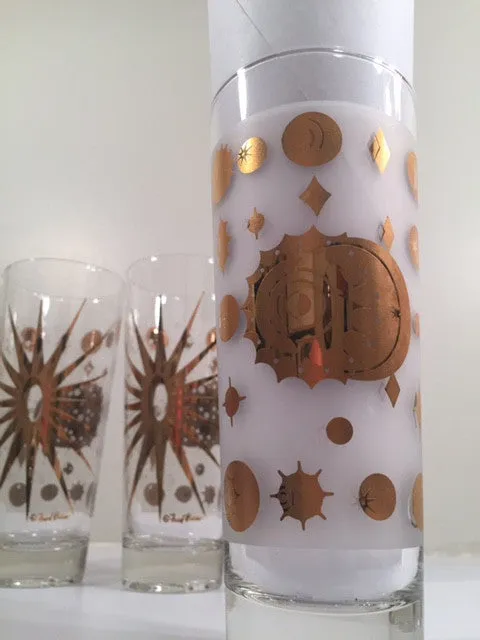 Fred Press - Signed Mid-Century Frosted White & 22-Karat Gold Atomic Starburst Collins Glasses (Set of 4)