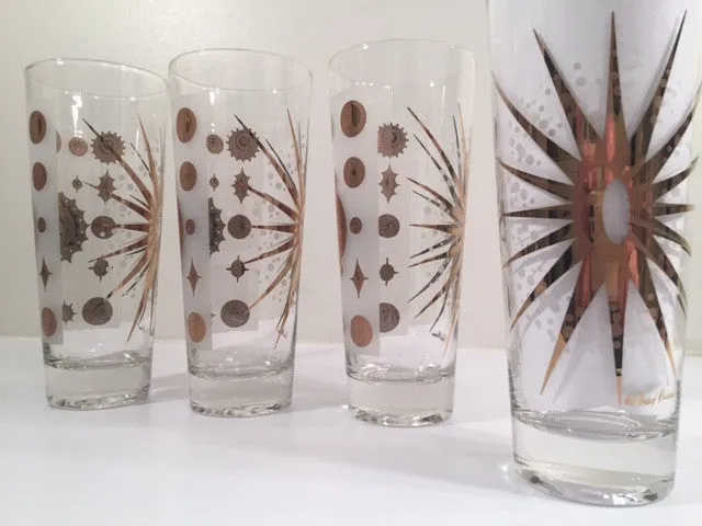 Fred Press - Signed Mid-Century Frosted White & 22-Karat Gold Atomic Starburst Collins Glasses (Set of 4)