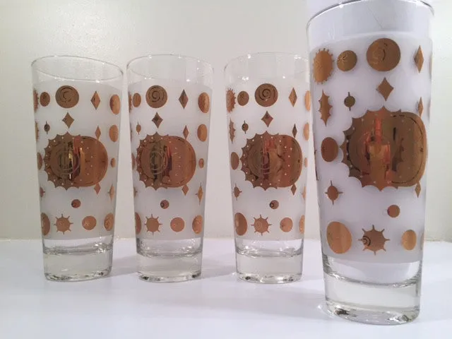 Fred Press - Signed Mid-Century Frosted White & 22-Karat Gold Atomic Starburst Collins Glasses (Set of 4)