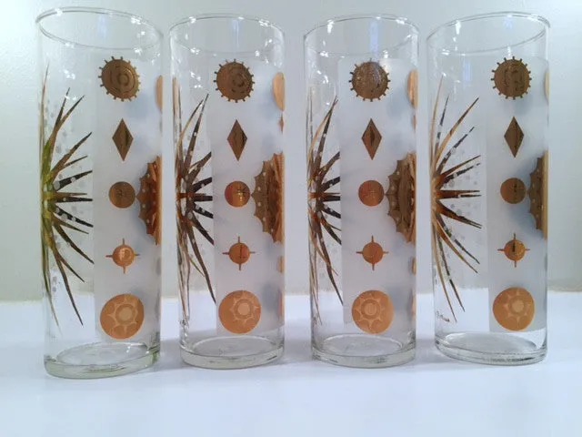 Fred Press - Signed Mid-Century Frosted White & 22-Karat Gold Atomic Starburst Collins Glasses (Set of 4)